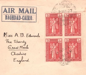 IRAQ Air Mail 1927 Cover *BAGHDAD-CAIRO* Etiquette GB via Egypt Cheshire MA193 - Picture 1 of 8