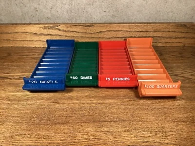 BANDEJAS DE ARMAZENAMENTO DE MOEDAS ENROLADAS PORTA-CONTAGEM MMF 4 SUPORTES VERMELHO AZUL VERDE LARANJA - Imagem 1 de 3