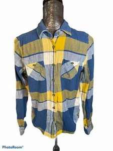 American Eagle Outfitters Boys Size 10 Blue Yellow Plaid Cotton Button Shirt - Picture 1 of 6