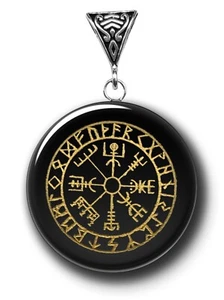 VEGVISIR ON OBSIDIAN PENDANT NECKLACE - Picture 1 of 5