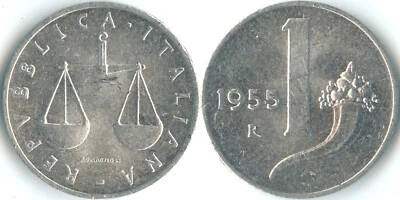 Italy 1955 R 1 Lira KM# 91 Aluminum Republic Weighting Scale Cornucopia Fruit - Image 1 of 3