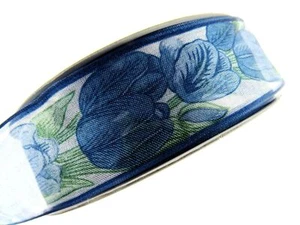 Wired Edge Organza Ribbon with Royal Blue Tulip & Green Leaves - 5m x 35mm - Picture 1 of 8