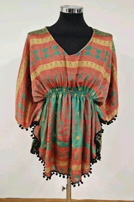 Multicoloured silk blouse 10/12 stripes pure pom pom short sleeve batwing v neck - Image 1 of 4