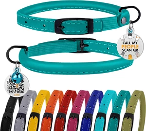 Cat Collar with Bell Kitten Rolled Leather Collars Safety QR ID Name Tag (Teal) - Picture 1 of 6