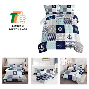 Nautical Comforter Set Twin,Plaid Patchwork Ocean Themed Bedding Sailboat and... - Picture 1 of 7