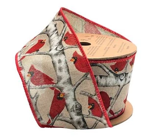 Designer weiß & rot verschneiter Zweig Kardinal Drahtkante Weihnachten Band 10 Yards - Bild 1 von 3