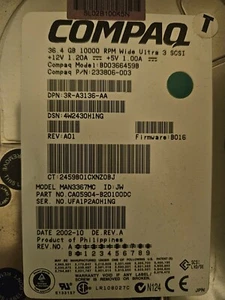 Compaq BD0366459B 36.4GB 10K RPM SCSI ultra 3 MAN3367MC Hard Disk Drive wCaddy - Afbeelding 1 van 3