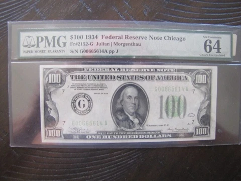 1934 $100 DOLLAR FEDERAL RESERVE NOTE FR2152-G JULIAN - MORGENTHAU CHOICE UNC 64 Cover
