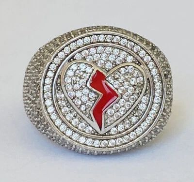 Broken Heart Red Enamel Sterling Silver 925 CZ Pave Ring 7 - Image 1 of 4