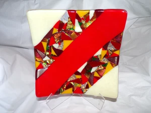 Dichroitische & verschmolzene Kunst Glas Schale Tablett signiert "TOBIN" 6,5" ROT BUNT EUC! - Bild 1 von 9