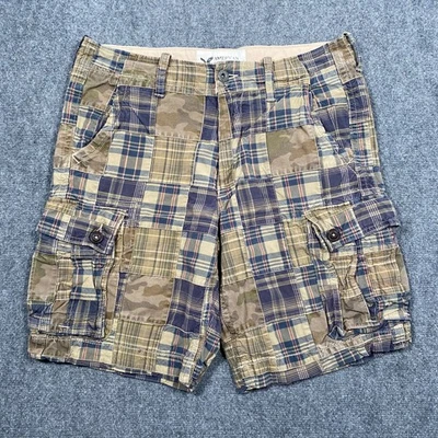Y2K American Eagle Cargo Shorts Mens 34 Plaid Patchwork Long Length Camo - Image 1 of 4