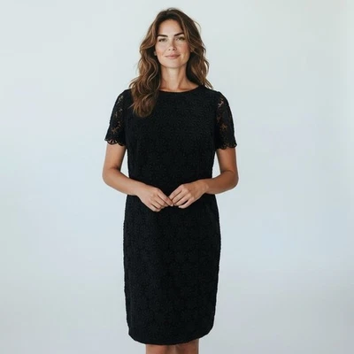 TALBOTS | Vestido midi de encaje crochet negro elegante para mujer talla 16P evento de noche Foto 1 de 4