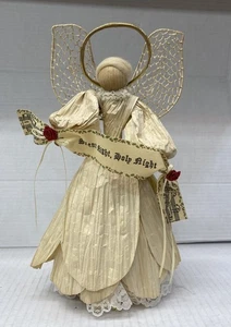 Corn Husk Angel 12 in W/Lace Hem Holds Silent Night Holy Night Rustic Folk Art - Picture 1 of 8