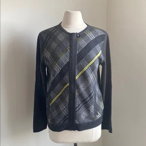 JONES NEW YORK Plaid Cardigan Sweater Womens Sz Large Grey Yellow Full Zip - Picture 1 of 9
