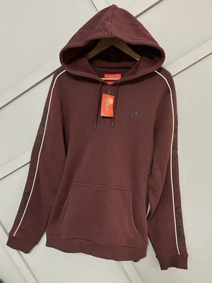 GUESS Men’s Dawson Fleece Hoodie Size M Burgundy Logo Sleeve Pullover Sweatshirt - Image 1 of 4