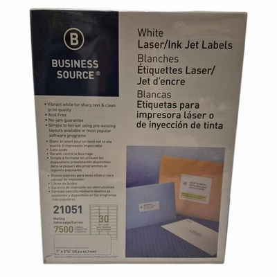 Business Source 21051 Mailing Labels, 1" x 2-5/8" - Full Box of 7500 Labels - Image 1 of 2