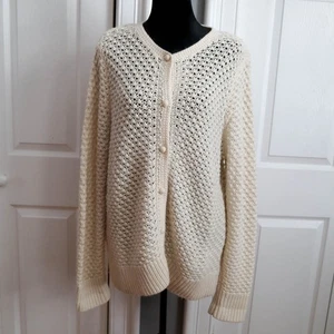 LL Bean Angora Wool Cardigan Ivory Sz XL Crochet Open Bobble Popcorn Knit - Picture 1 of 7