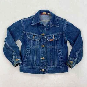 Vintage Lee Jacket Girls Size 8 Dark Wash Denim Button Up Pockets Cotton USA 90s - Picture 1 of 14