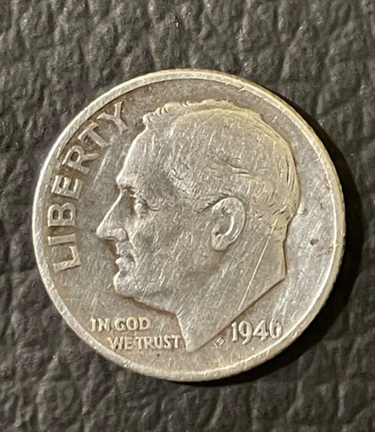 1946 US Roosevelt Dime, 0.90 Silver, Circulated, Ungraded, Uncertified Cover