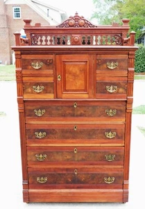 Victorian Walnut and Burl 8 Drawer Tall Chest Dresser w/ Hat Box circa 1870 - Picture 1 of 9