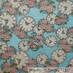 BonEful Fabric FQ Cotton Quilt VTG Blue Pink Rose Flower English Tea Time Clock - Picture 1 of 12