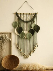 Macrame Leaf Wall Hanging – Boho Woven Tapestry with Green Leaves & Beads - Picture 1 of 9