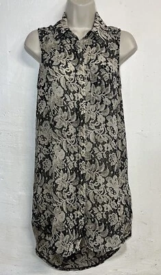 ПЫШНЫЙ маленький без рукавов блузка бежевый черный цветочный пуговицы воротник туника Топ  - Изображение 1 из 4