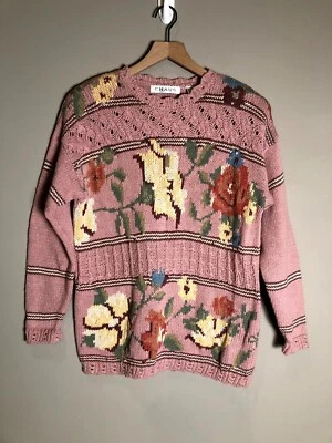 VTG Chaus Dusty Rose Pink Floral Knitted Granny Cottage Shoulder Pad Sweater M - Image 1 of 4
