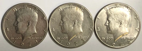 Lot of 3, 1971 D, 1973 D, 1982 D, Kennedy Half Dollar Uncirculated Coins DENVER Cover