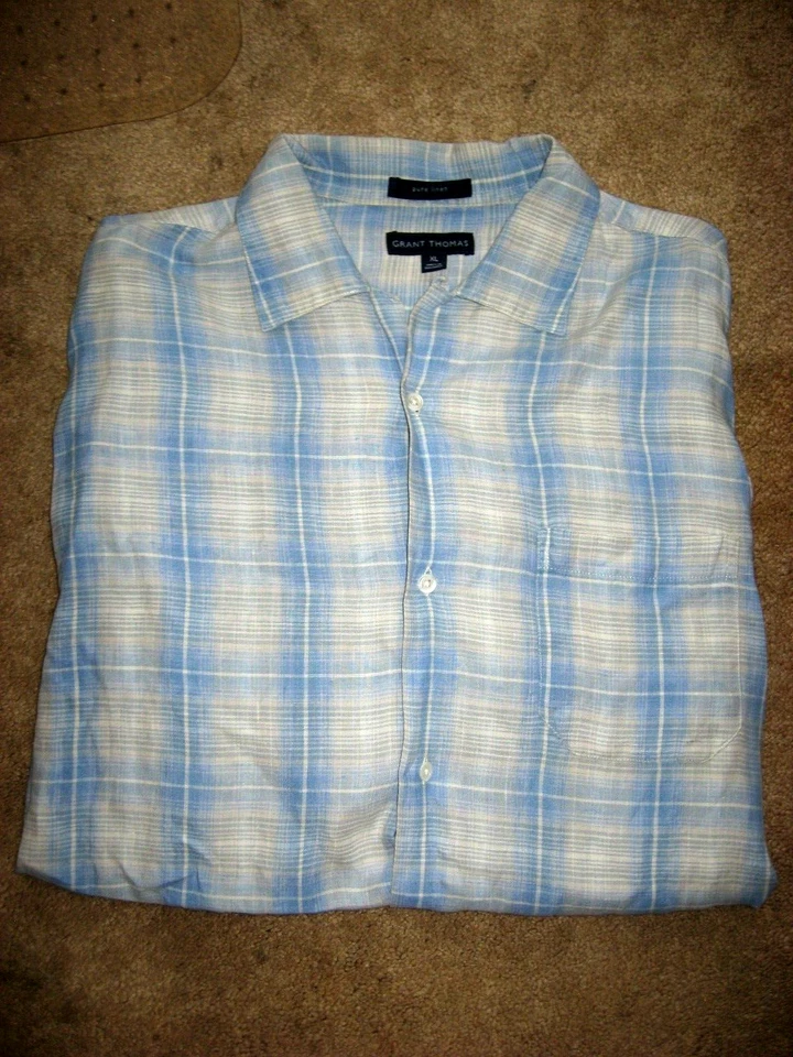 Camisa de manga corta XL de lino a cuadros azul GRANT THOMAS para hombre Foto 1 de 1