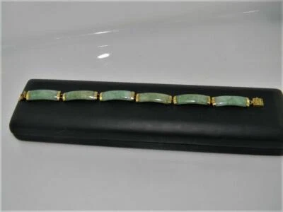 Винтажный браслет из желтого золота 14 карат 7 дюймов с натуральными светло-зелеными бирманскими жадеитовыми звеньями - Изображение 1 из 4