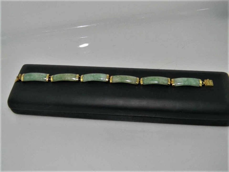 Pulsera vintage de oro amarillo de 14K de 7" con eslabones de jadeíta Birmania verde claro natural Foto 1 de 4