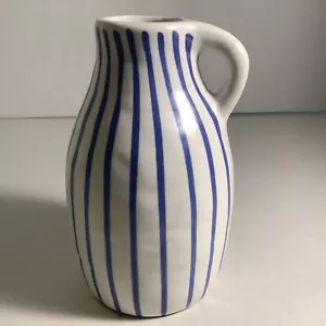 IKEA Small Ceramic Bud Vase Handled Jug Cobalt Blue & White Stripes Swedish Boho - Picture 1 of 18