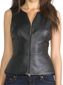 Leather tops, Black leather tops for women's sleeveless custom made plus size - Picture 1 of 4