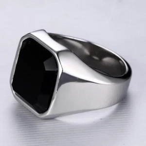 Men's Stainless Steel Black Agate Ring - Fashion Accessory for Men - Picture 1 of 6