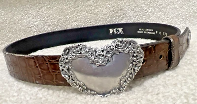Cinturón Colección FCX Mujer Talla 28 Marrón CROC Cuero Genuino Plateado Hebilla CORAZÓN Foto 1 de 4