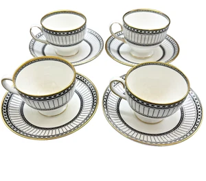Set Four Wedgwood Black Colonnade Bone China Porcelain Cup & Saucers - Picture 1 of 5