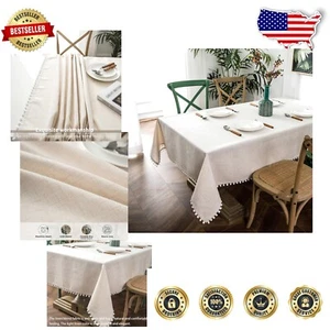 Beige Pom Pom Tassel Table Cloth - Linen Textured Elegance for Dining (55x102) - Picture 1 of 8