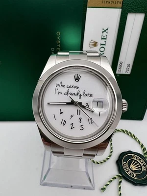 劳力士 Datejust 41 毫米 116300 定制 Who Cares I'm Already Late 白色表盘纸 — 第 1/4 张图片