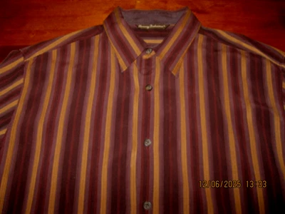 Camisa Tommy Bahama Para Hombres LG Marrón Rayas Abotonada Mezcla de Lana de Seda Manga Larga Foto 1 de 4