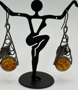 Vintage Sterling Silver Baltic Amber Modernist Drop Earrings Poland 2” - 11.4g - Picture 1 of 11