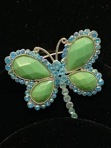 Blue Rhinestone Green Stone Butterfly Pin 2” Brooch Coat Hat Purse Silvertone - Picture 1 of 5