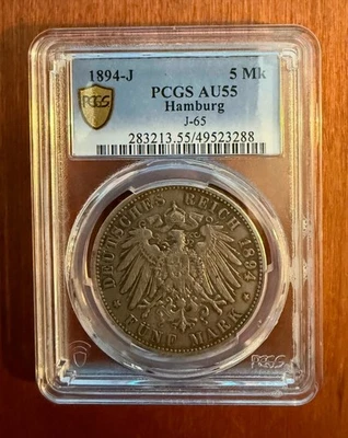 GERMAN STATES - HAMBURG  1894-J   5 MARK SILVER COIN,  PCGS CERTIFIED AU55 - Image 1 of 4