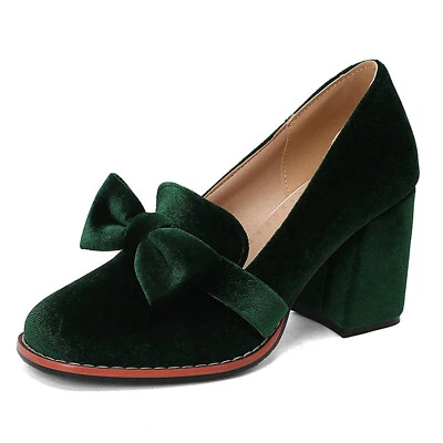 Women's Round Toe Mary Jane Pumps Block Heel Eleagnt Bowknot Casual Slip On - Image 1 of 4
