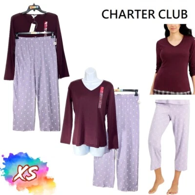 NUEVO CON ETIQUETAS Charter Club XS Camiseta Cuello en V y Algodón Flor Geo Pantalones Surtidos $60 Foto 1 de 4
