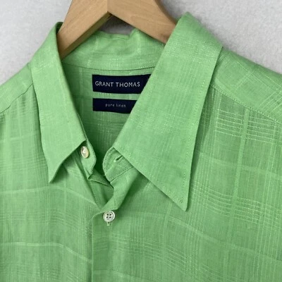 Camisa GRANT THOMAS L Lino Puro Texturizado Tejido Cuadros Campamento Abotonado Verde HK Foto 1 de 4