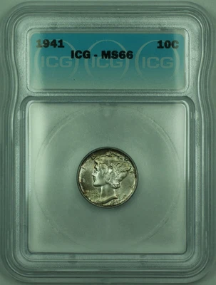 1941 Mercury Silver Dime 10c Coin ICG MS-66 Toned (A) - Image 1 of 2