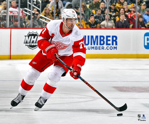 Dylan Larkin Detroit Red Wings Unsigned White Jersey Skating Photograph Cover