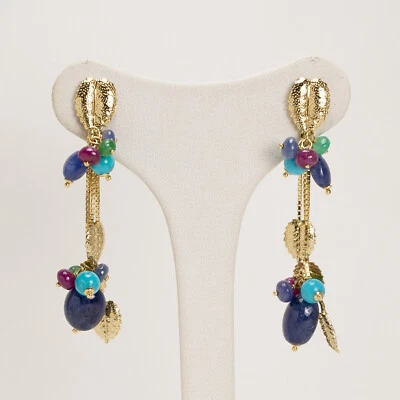 ORECCHINI IN ORO GIALLO 18 kt FOGLIE TURCHESE SASSI DI ZAFFIRI RUBINI OGHT 0494 - Immagine 1 di 3