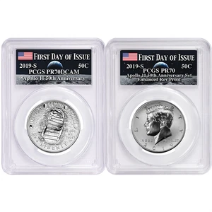 2019-S 50c Apollo 11 50th Ann. Half Dollar 2pc Set PCGS PR70 FDOI Apollo Label - Picture 1 of 2